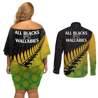 Australia Wallabies and Aotearoa Rugby Couples Matching Off Shoulder Short Dress and Long Sleeve Button Shirts Kangaroo Black Fern Maori Gradient Vibe LT9 - Polynesian Pride