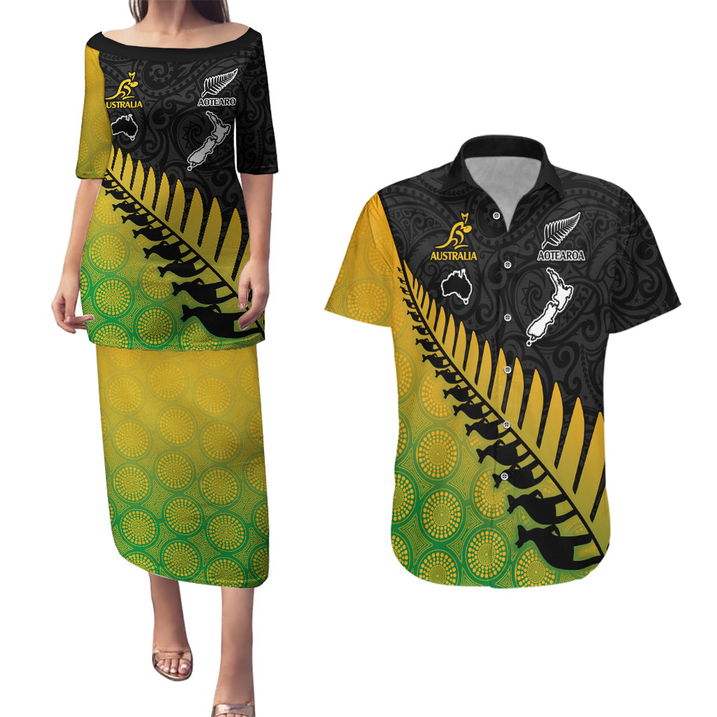 Australia Wallabies and Aotearoa Rugby Couples Matching Puletasi Dress and Hawaiian Shirt Kangaroo Black Fern Maori Gradient Vibe LT9 Gradient - Polynesian Pride