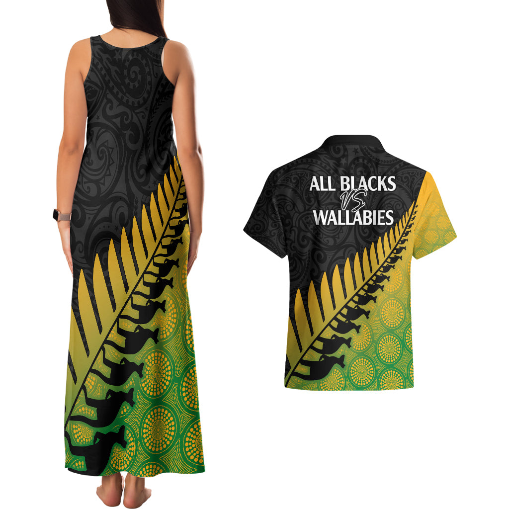 Australia Wallabies and Aotearoa Rugby Couples Matching Tank Maxi Dress And Hawaiian Shirt Kangaroo Black Fern Maori Gradient Vibe LT9 - Polynesian Pride