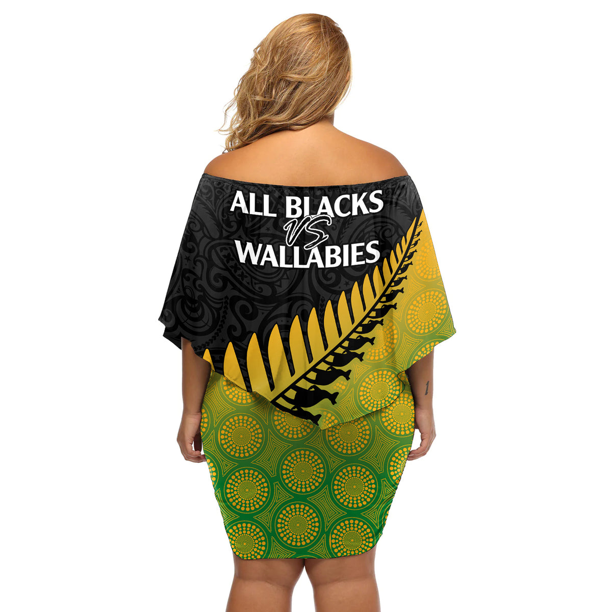 Australia Wallabies and Aotearoa Rugby Off Shoulder Short Dress Kangaroo Black Fern Maori Gradient Vibe LT9 - Polynesian Pride