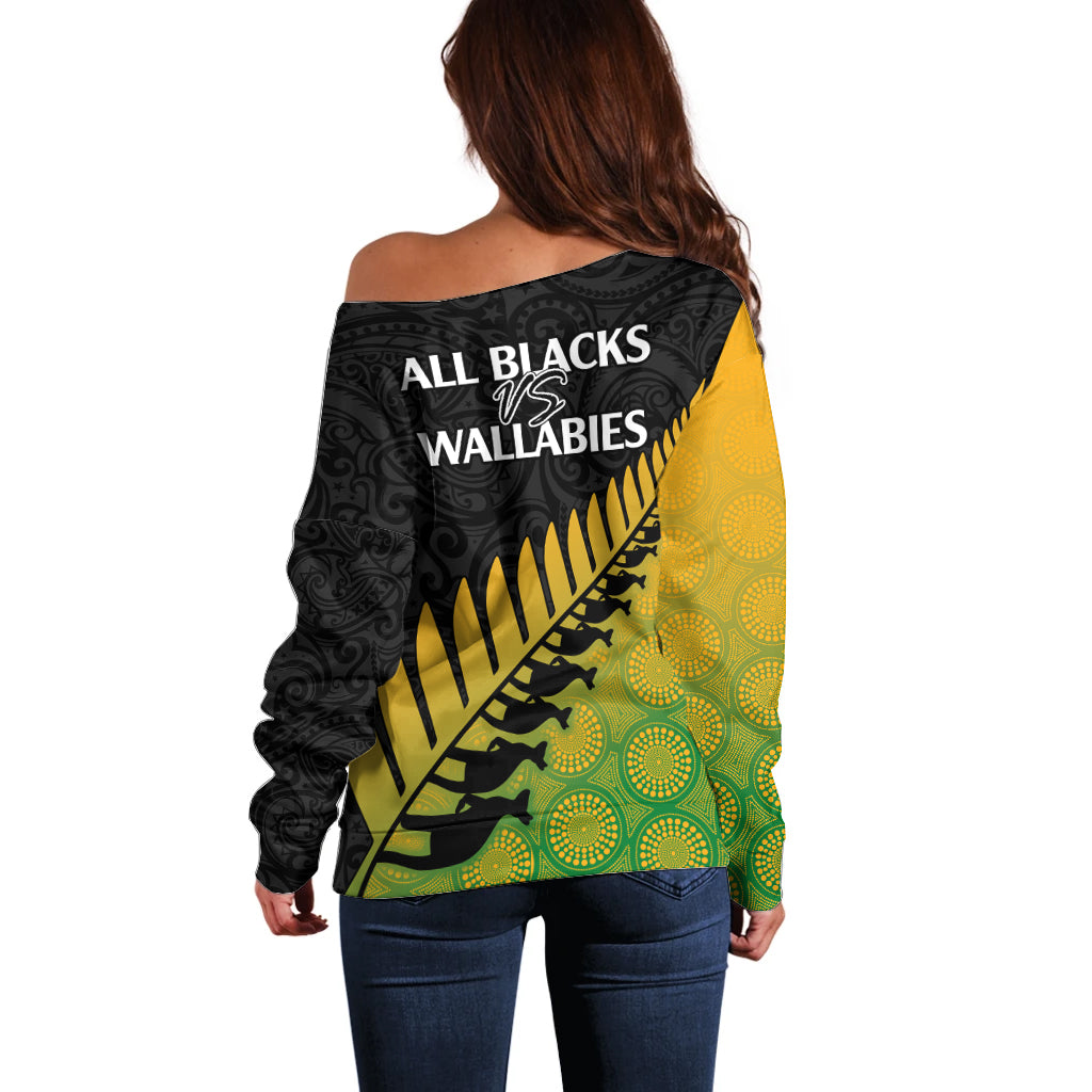 Australia Wallabies and Aotearoa Rugby Off Shoulder Sweater Kangaroo Black Fern Maori Gradient Vibe LT9 - Polynesian Pride