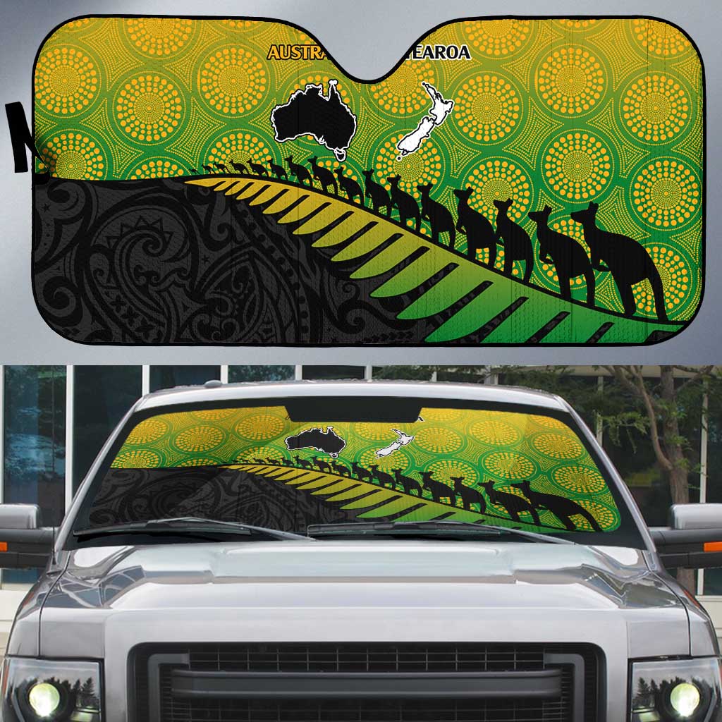 Australia New Zealand Rugby Auto Sun Shade Gradient Aboriginal Wallabies and Maori Black Fern - Polynesian Pride
