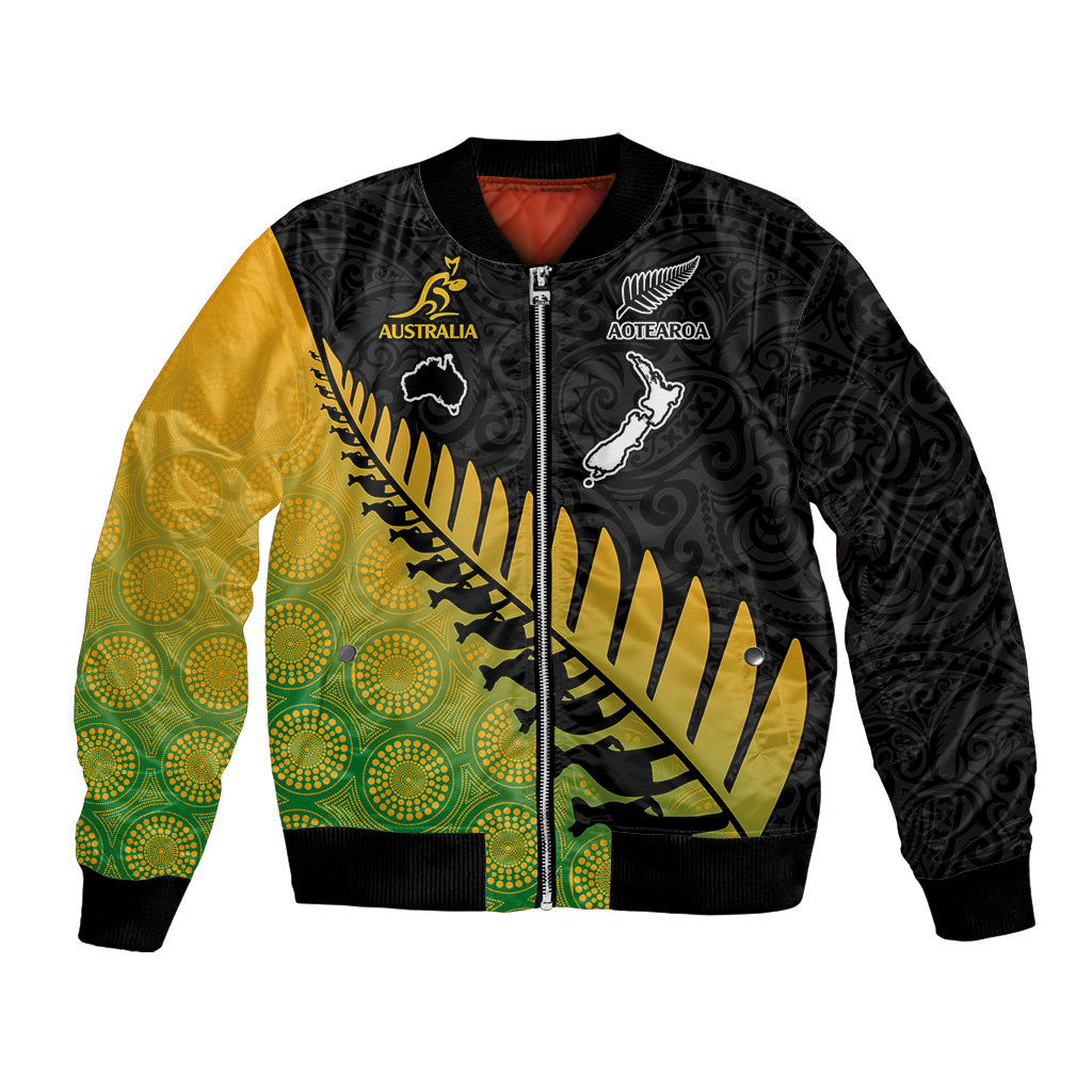 Custom Australia Wallabies and Aotearoa Rugby Bomber Jacket Kangaroo Black Fern Maori Gradient Vibe LT9 Unisex Gradient - Polynesian Pride