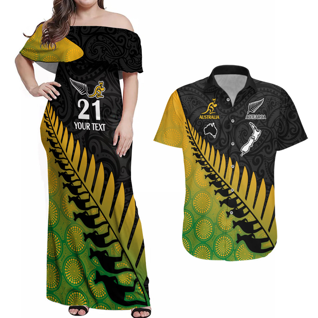 Custom Australia Wallabies and Aotearoa Rugby Couples Matching Off Shoulder Maxi Dress and Hawaiian Shirt Kangaroo Black Fern Maori Gradient Vibe LT9 Gradient - Polynesian Pride