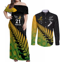 Custom Australia Wallabies and Aotearoa Rugby Couples Matching Off Shoulder Maxi Dress and Long Sleeve Button Shirts Kangaroo Black Fern Maori Gradient Vibe LT9 Gradient - Polynesian Pride