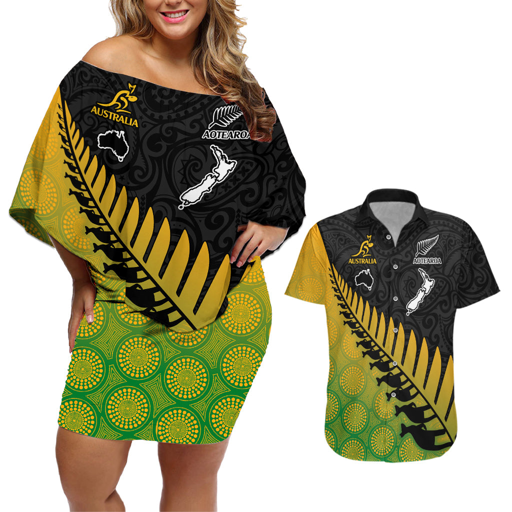 Custom Australia Wallabies and Aotearoa Rugby Couples Matching Off Shoulder Short Dress and Hawaiian Shirt Kangaroo Black Fern Maori Gradient Vibe LT9 Gradient - Polynesian Pride