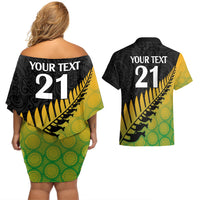Custom Australia Wallabies and Aotearoa Rugby Couples Matching Off Shoulder Short Dress and Hawaiian Shirt Kangaroo Black Fern Maori Gradient Vibe LT9 - Polynesian Pride