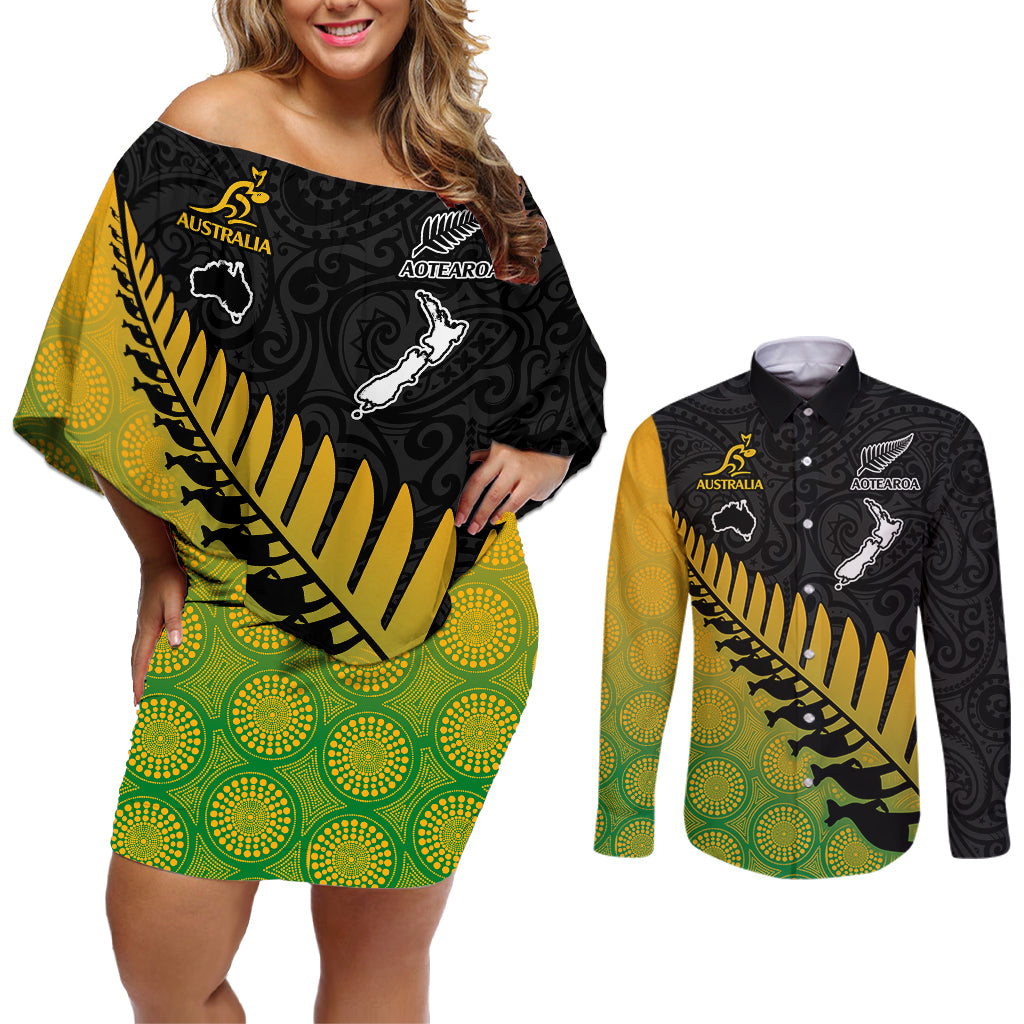 Custom Australia Wallabies and Aotearoa Rugby Couples Matching Off Shoulder Short Dress and Long Sleeve Button Shirts Kangaroo Black Fern Maori Gradient Vibe LT9 Gradient - Polynesian Pride
