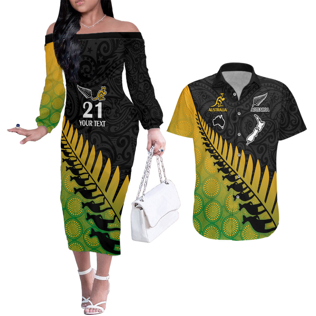 Custom Australia Wallabies and Aotearoa Rugby Couples Matching Off The Shoulder Long Sleeve Dress and Hawaiian Shirt Kangaroo Black Fern Maori Gradient Vibe LT9 Gradient - Polynesian Pride