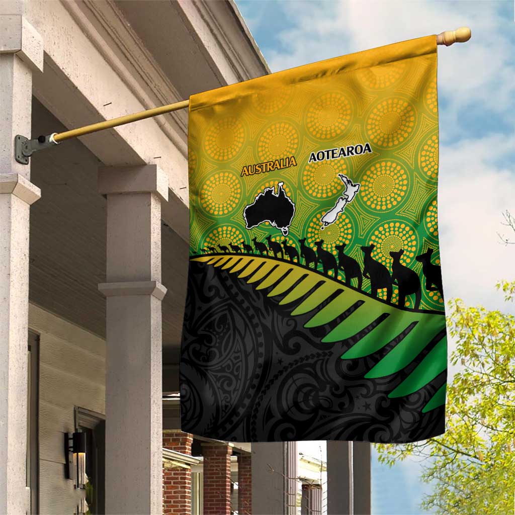 Australia New Zealand Rugby Garden Flag Gradient Aboriginal Wallabies and Maori Black Fern - Polynesian Pride