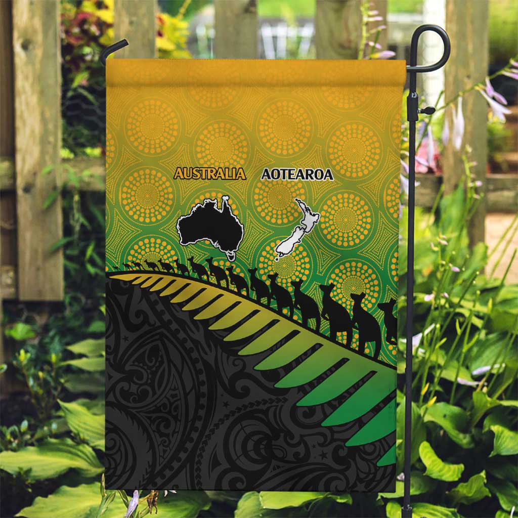 Australia New Zealand Rugby Garden Flag Gradient Aboriginal Wallabies and Maori Black Fern - Polynesian Pride