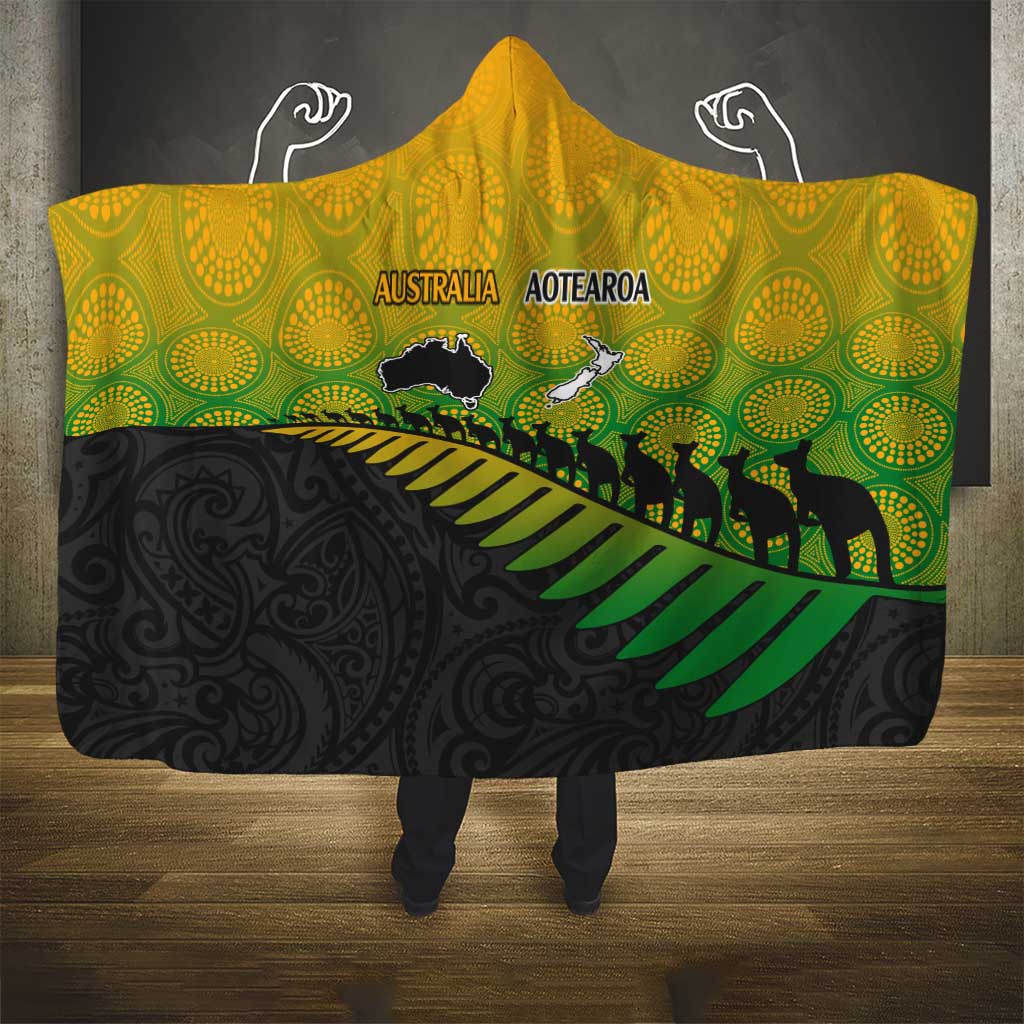 Australia New Zealand Rugby Hooded Blanket Gradient Aboriginal Wallabies and Maori Black Fern - Polynesian Pride