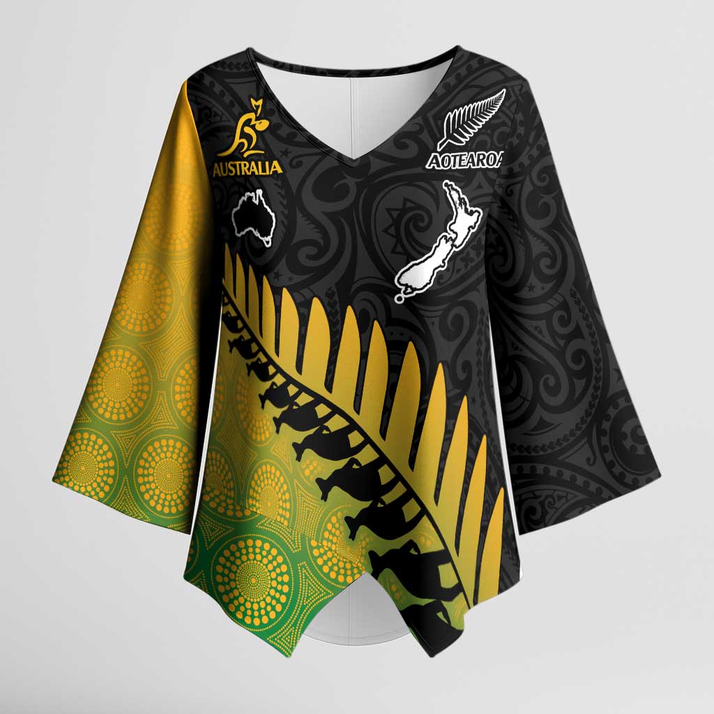 Australia New Zealand Rugby Kimono Sleeve Blouse Gradient Aboriginal Wallabies and Maori Black Fern - Polynesian Pride