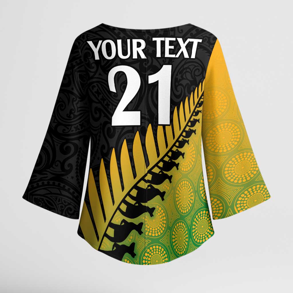 Australia New Zealand Rugby Kimono Sleeve Blouse Gradient Aboriginal Wallabies and Maori Black Fern - Polynesian Pride