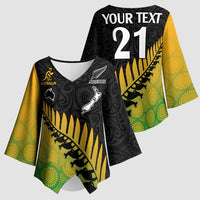 Australia New Zealand Rugby Kimono Sleeve Blouse Gradient Aboriginal Wallabies and Maori Black Fern - Polynesian Pride