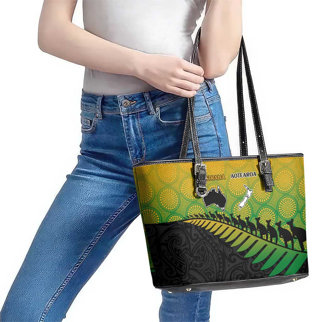 Australia New Zealand Rugby Leather Tote Bag Gradient Aboriginal Wallabies and Maori Black Fern - Polynesian Pride