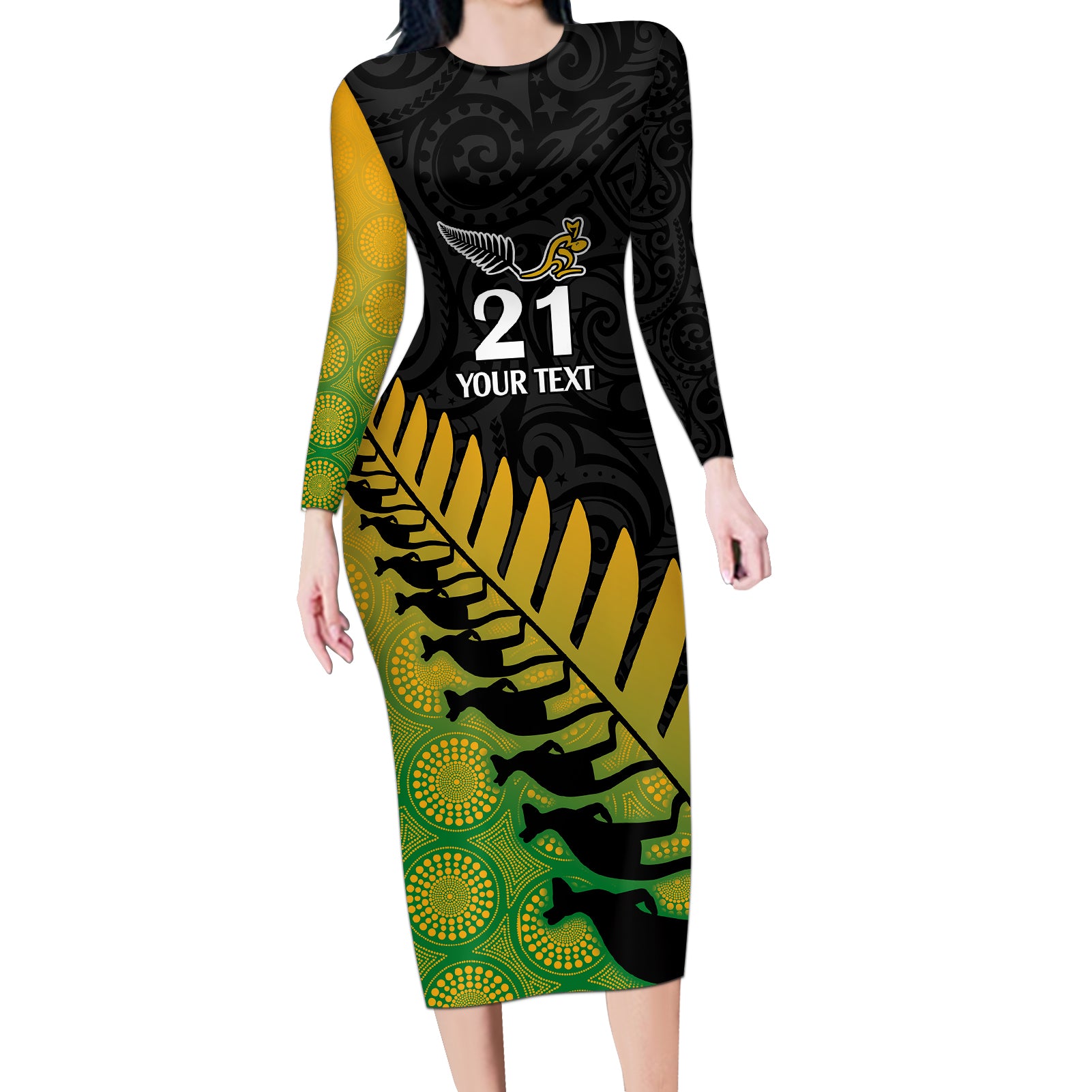 Custom Australia Wallabies and Aotearoa Rugby Long Sleeve Bodycon Dress Kangaroo Black Fern Maori Gradient Vibe LT9 Long Dress Gradient - Polynesian Pride