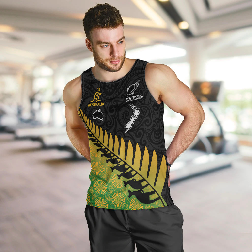 Custom Australia Wallabies and Aotearoa Rugby Men Tank Top Kangaroo Black Fern Maori Gradient Vibe LT9 - Polynesian Pride