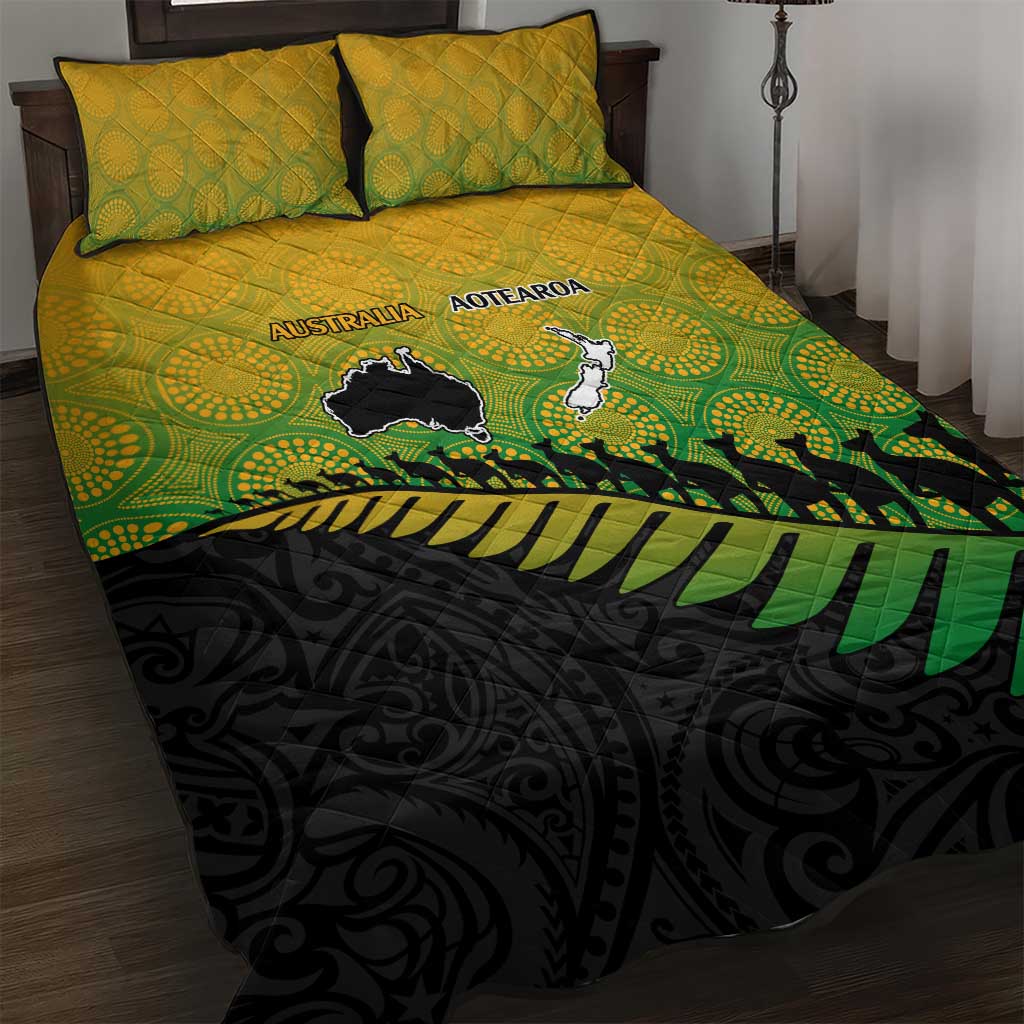 Australia New Zealand Rugby Quilt Bed Set Gradient Aboriginal Wallabies and Maori Black Fern - Polynesian Pride