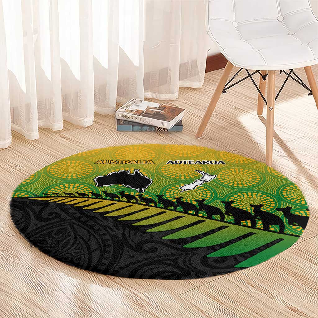 Australia New Zealand Rugby Round Carpet Gradient Aboriginal Wallabies and Maori Black Fern - Polynesian Pride