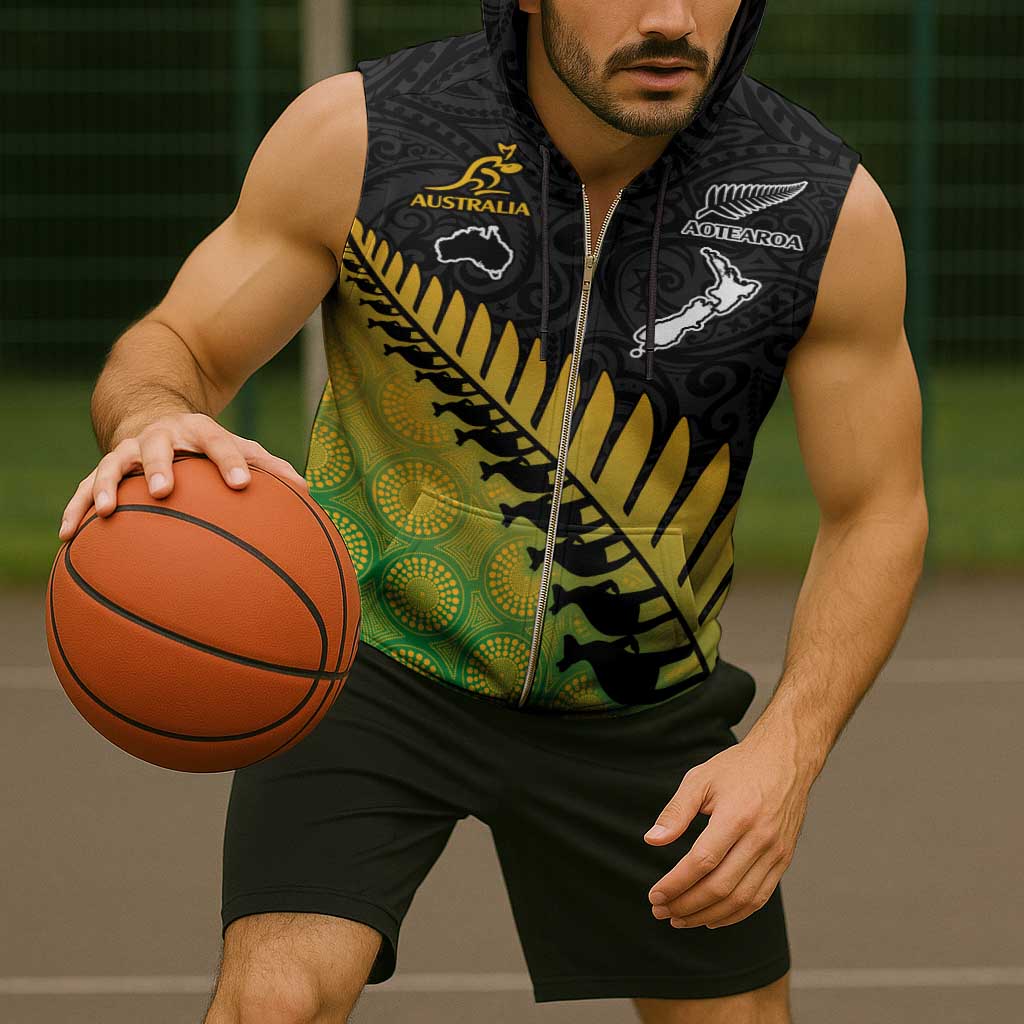 Australia New Zealand Rugby Sleeveless Zip Hoodie Gradient Aboriginal Wallabies and Maori Black Fern - Polynesian Pride