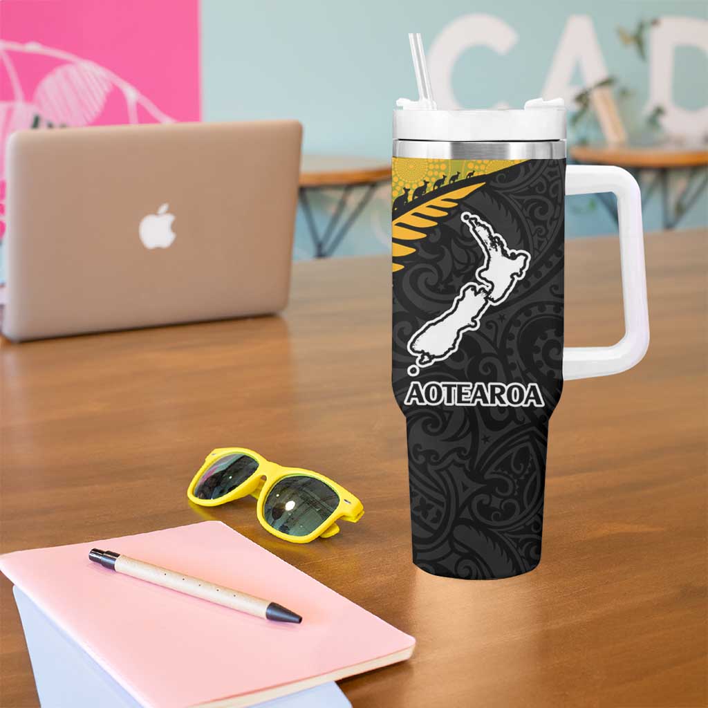 Australia New Zealand Rugby Tumbler With Handle Gradient Aboriginal Wallabies and Maori Black Fern - Polynesian Pride