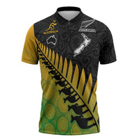 Australia New Zealand Rugby Zipper Polo Shirt Gradient Aboriginal Wallabies and Maori Black Fern - Polynesian Pride