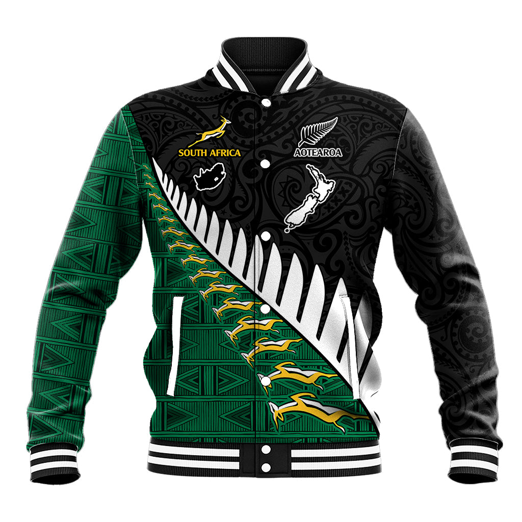 South Africa and Aotearoa Rugby Baseball Jacket Springboks Black Fern Maori Vibe LT9 Unisex Black - Polynesian Pride