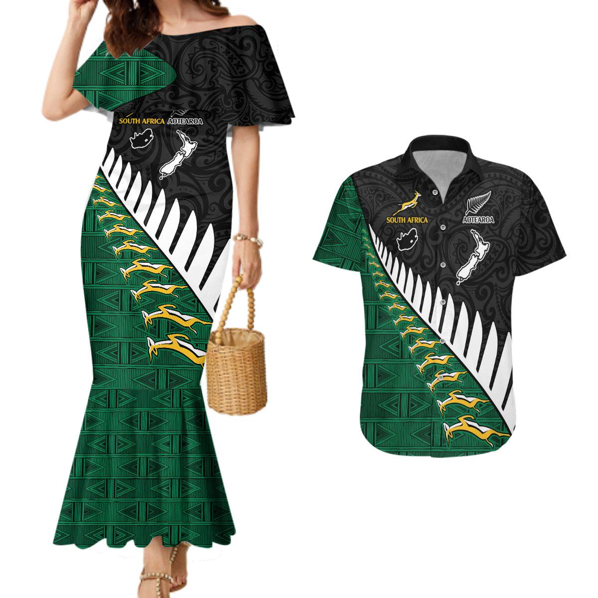 South Africa and Aotearoa Rugby Couples Matching Mermaid Dress And Hawaiian Shirt Springboks Black Fern Maori Vibe LT9 Black - Polynesian Pride