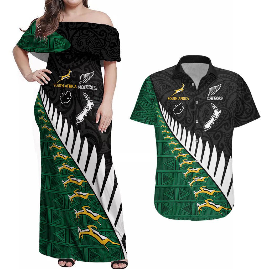 South Africa and Aotearoa Rugby Couples Matching Off Shoulder Maxi Dress and Hawaiian Shirt Springboks Black Fern Maori Vibe LT9 Black - Polynesian Pride