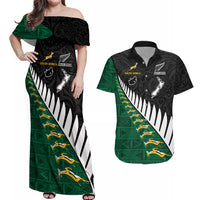 South Africa and Aotearoa Rugby Couples Matching Off Shoulder Maxi Dress and Hawaiian Shirt Springboks Black Fern Maori Vibe LT9 Black - Polynesian Pride