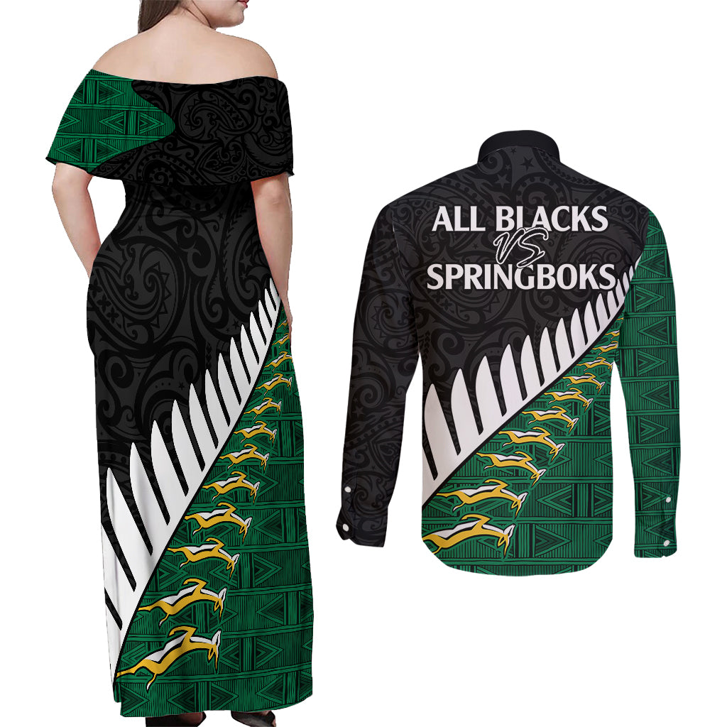 South Africa and Aotearoa Rugby Couples Matching Off Shoulder Maxi Dress and Long Sleeve Button Shirts Springboks Black Fern Maori Vibe LT9 - Polynesian Pride