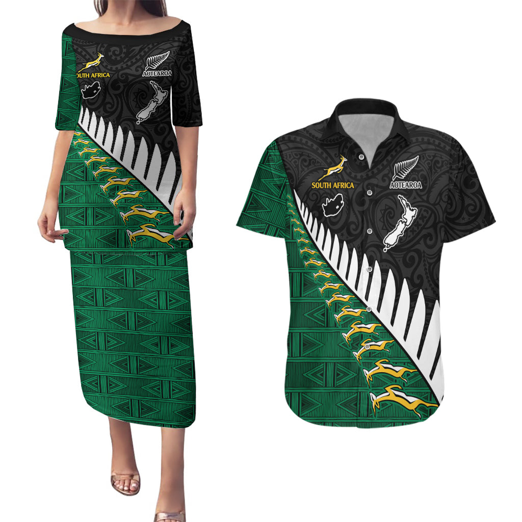 South Africa and Aotearoa Rugby Couples Matching Puletasi Dress and Hawaiian Shirt Springboks Black Fern Maori Vibe LT9 Black - Polynesian Pride