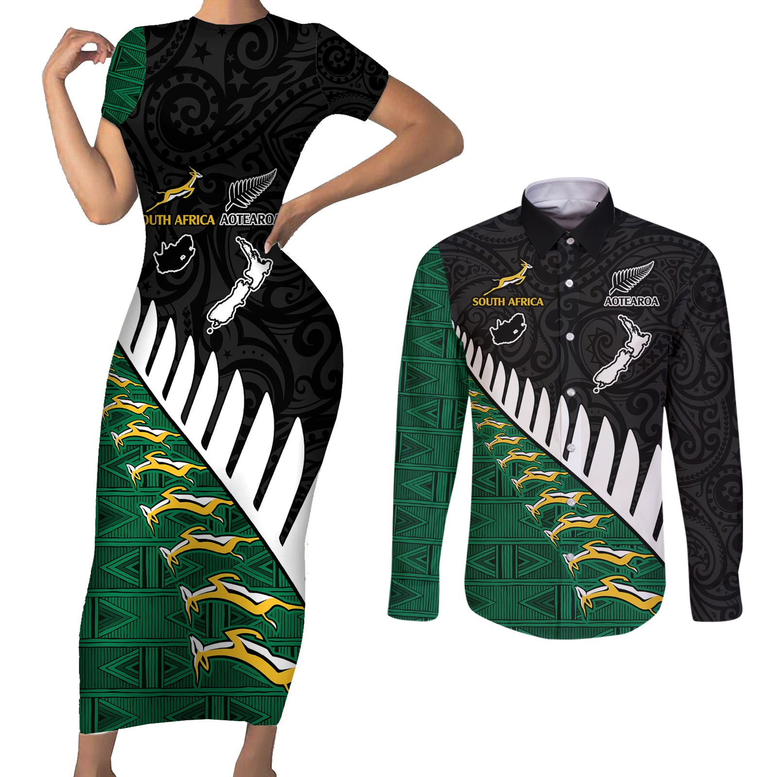 South Africa and Aotearoa Rugby Couples Matching Short Sleeve Bodycon Dress and Long Sleeve Button Shirts Springboks Black Fern Maori Vibe LT9 Black - Polynesian Pride