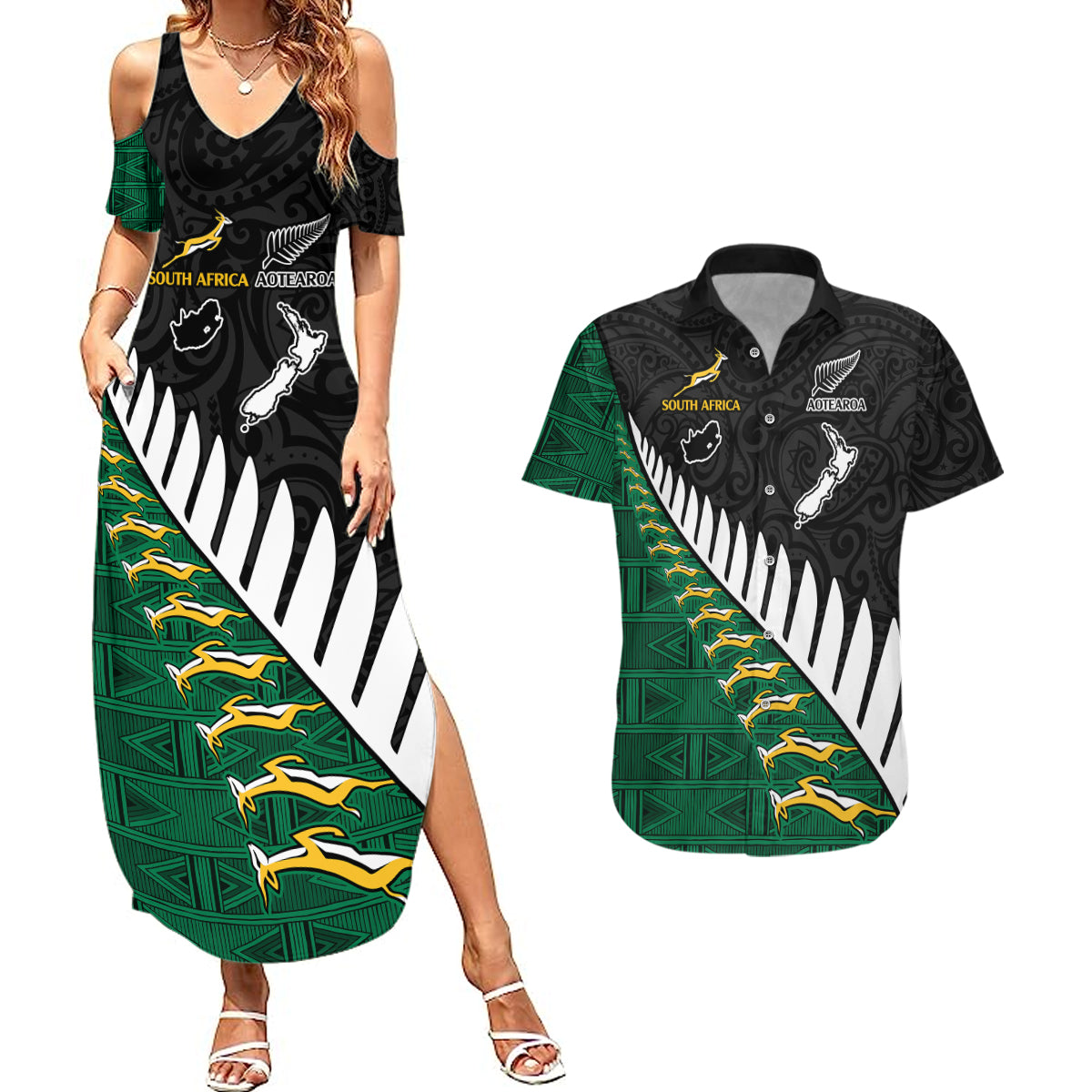 South Africa and Aotearoa Rugby Couples Matching Summer Maxi Dress and Hawaiian Shirt Springboks Black Fern Maori Vibe LT9 Black - Polynesian Pride