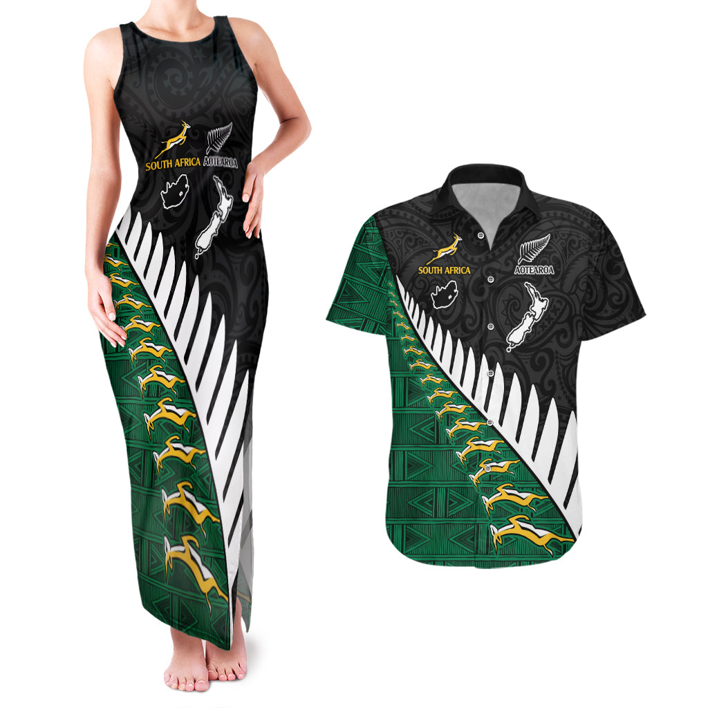 South Africa and Aotearoa Rugby Couples Matching Tank Maxi Dress And Hawaiian Shirt Springboks Black Fern Maori Vibe LT9 Black - Polynesian Pride