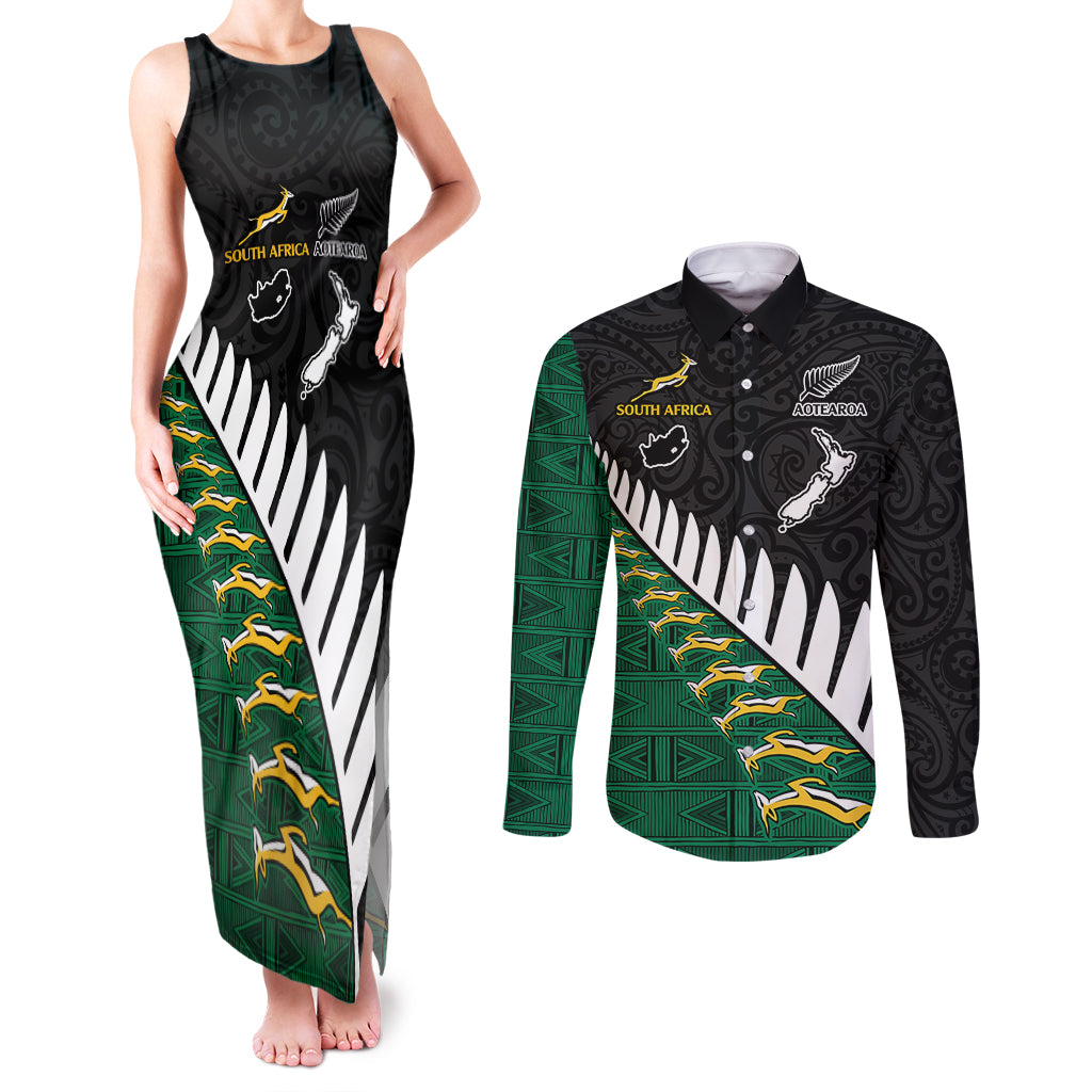 South Africa and Aotearoa Rugby Couples Matching Tank Maxi Dress and Long Sleeve Button Shirts Springboks Black Fern Maori Vibe LT9 Black - Polynesian Pride