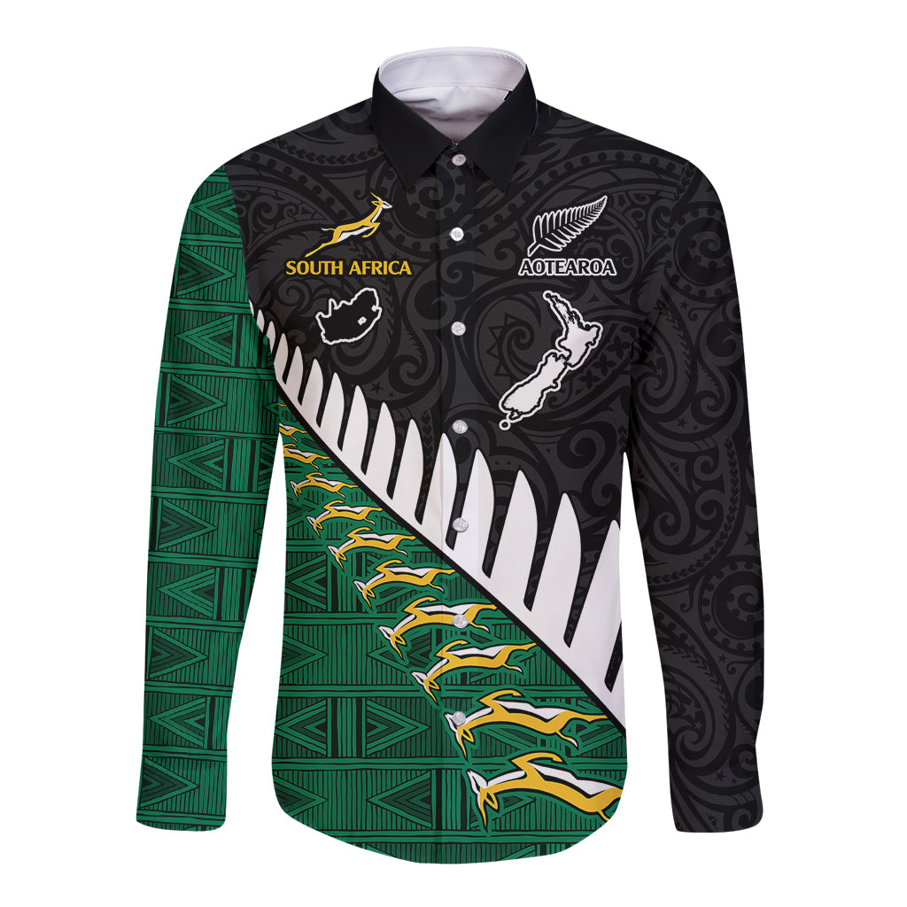 South Africa and Aotearoa Rugby Long Sleeve Button Shirt Springboks Black Fern Maori Vibe LT9 Unisex Black - Polynesian Pride