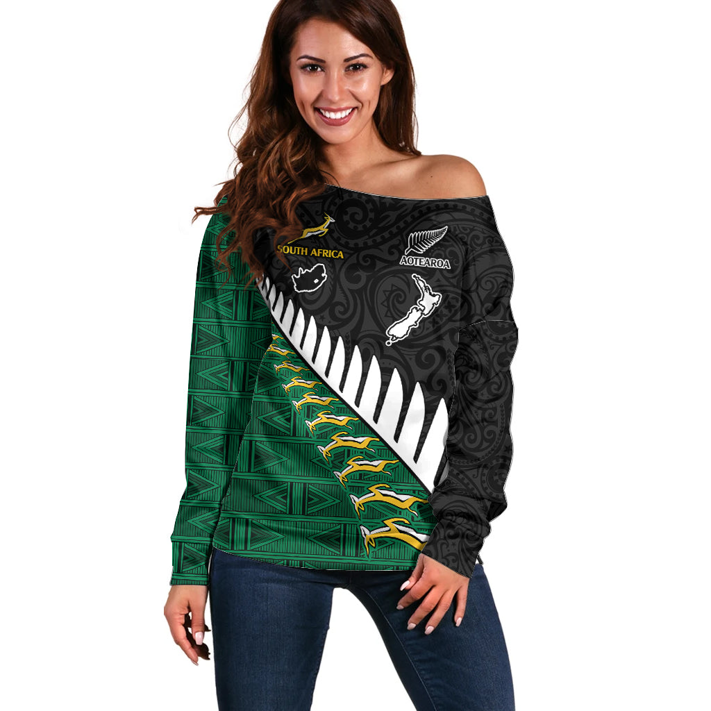 South Africa and Aotearoa Rugby Off Shoulder Sweater Springboks Black Fern Maori Vibe LT9 Women Black - Polynesian Pride