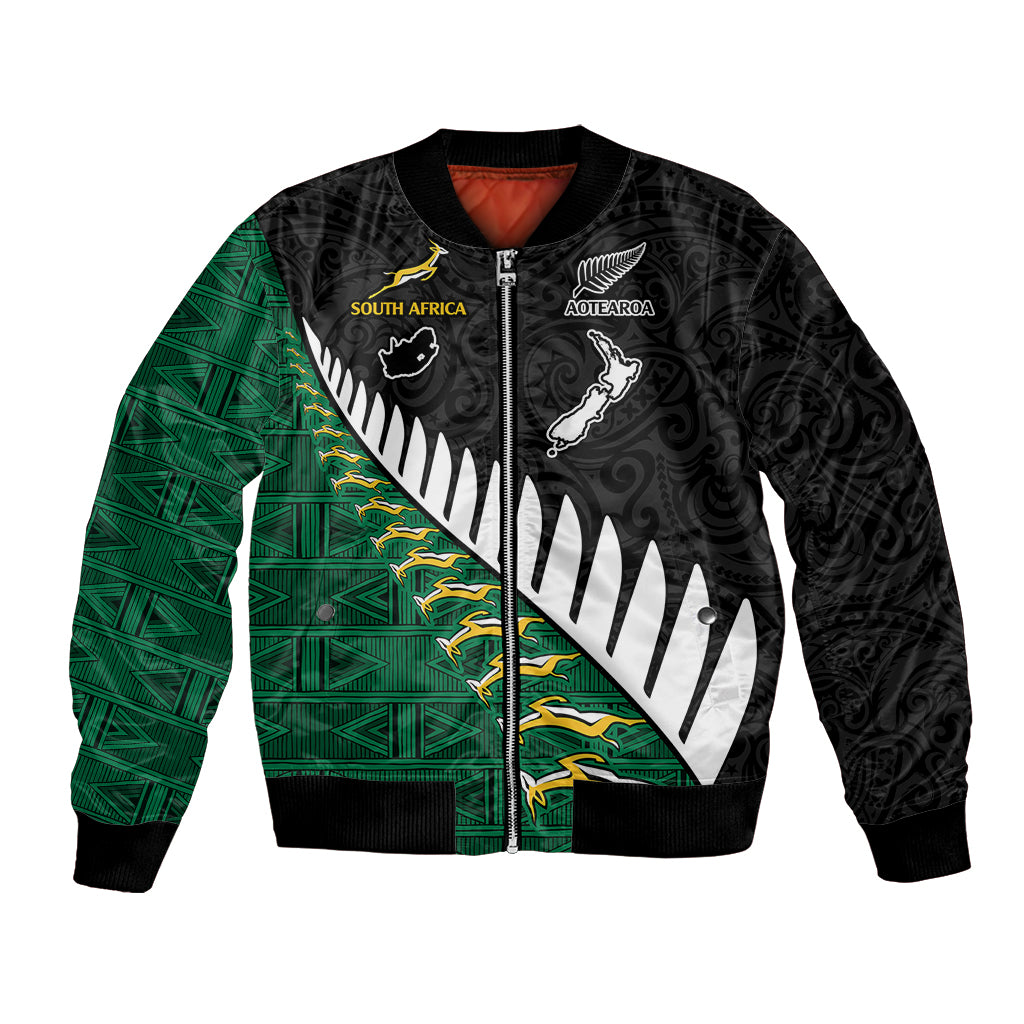 Custom South Africa and Aotearoa Rugby Bomber Jacket Springboks Black Fern Maori Vibe LT9 Unisex Black - Polynesian Pride