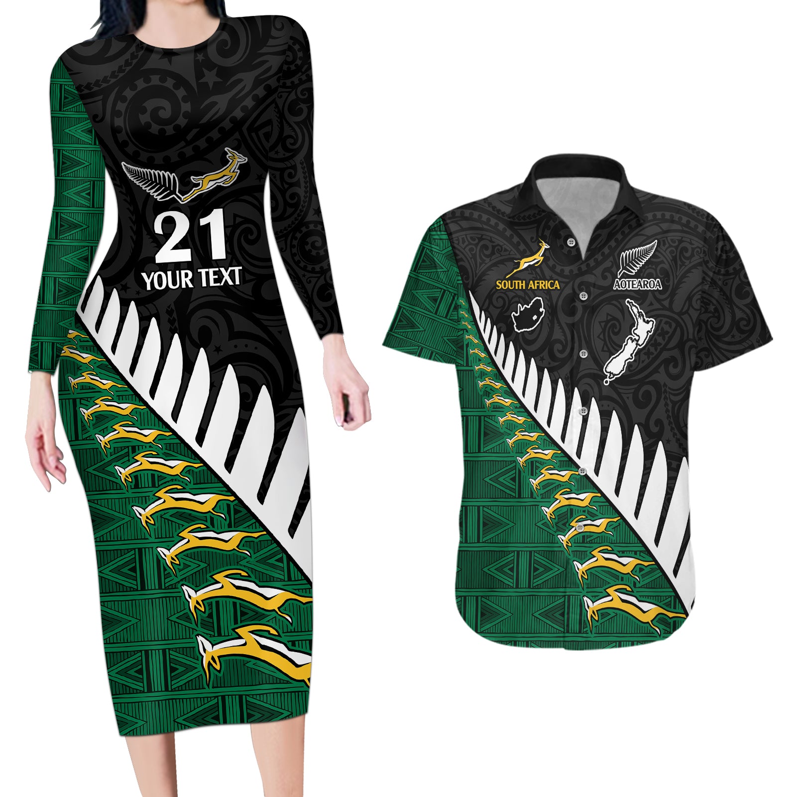 Custom South Africa and Aotearoa Rugby Couples Matching Long Sleeve Bodycon Dress and Hawaiian Shirt Springboks Black Fern Maori Vibe LT9 Black - Polynesian Pride