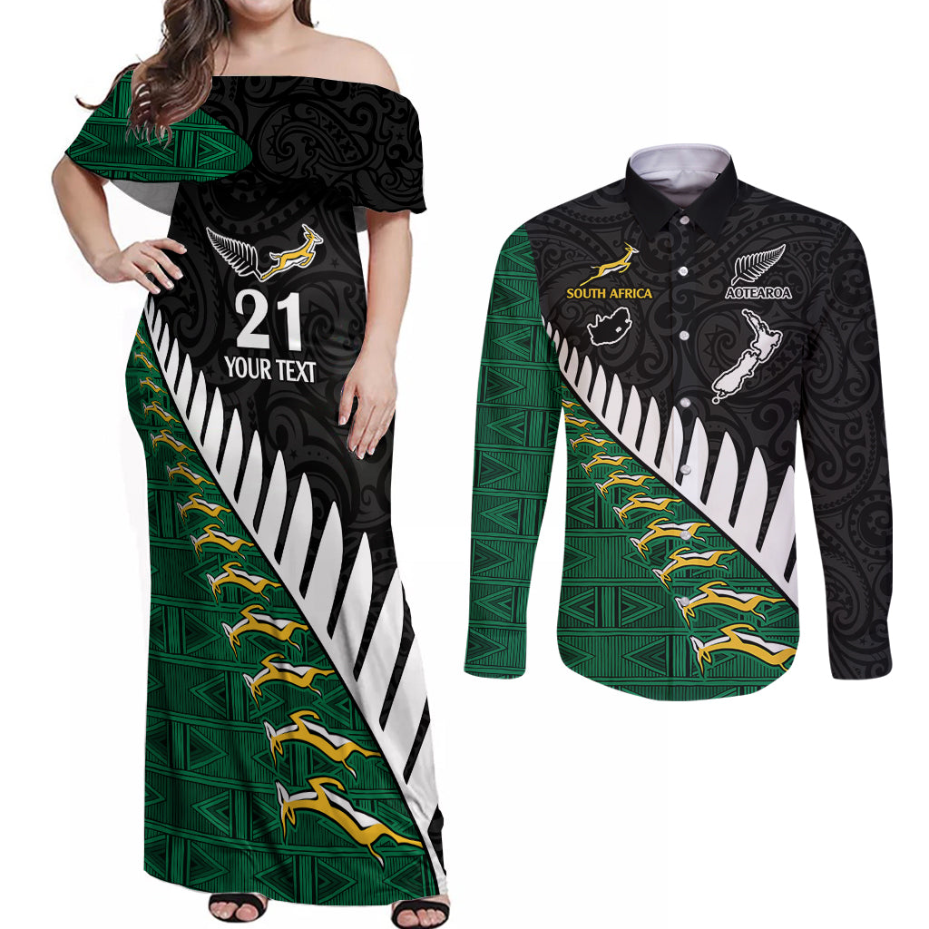 Custom South Africa and Aotearoa Rugby Couples Matching Off Shoulder Maxi Dress and Long Sleeve Button Shirts Springboks Black Fern Maori Vibe LT9 Black - Polynesian Pride