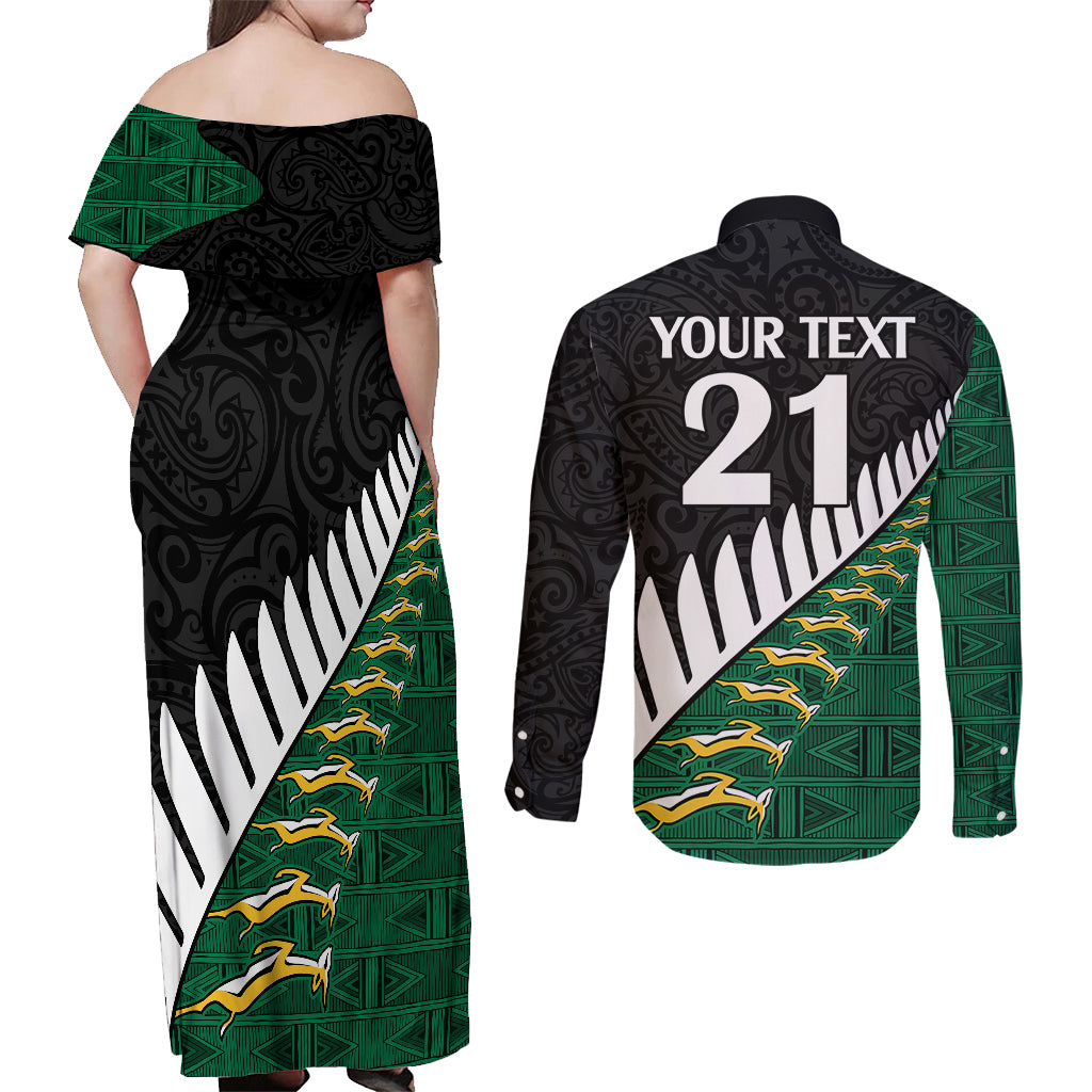 Custom South Africa and Aotearoa Rugby Couples Matching Off Shoulder Maxi Dress and Long Sleeve Button Shirts Springboks Black Fern Maori Vibe LT9 - Polynesian Pride