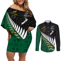 Custom South Africa and Aotearoa Rugby Couples Matching Off Shoulder Short Dress and Long Sleeve Button Shirts Springboks Black Fern Maori Vibe LT9 Black - Polynesian Pride