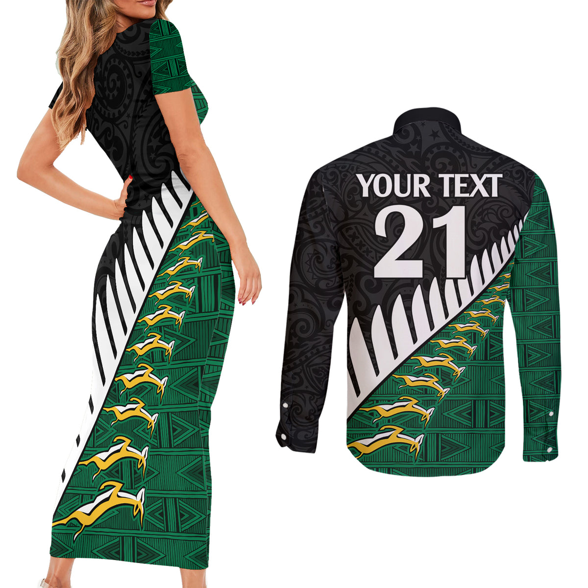 Custom South Africa and Aotearoa Rugby Couples Matching Short Sleeve Bodycon Dress and Long Sleeve Button Shirts Springboks Black Fern Maori Vibe LT9 - Polynesian Pride
