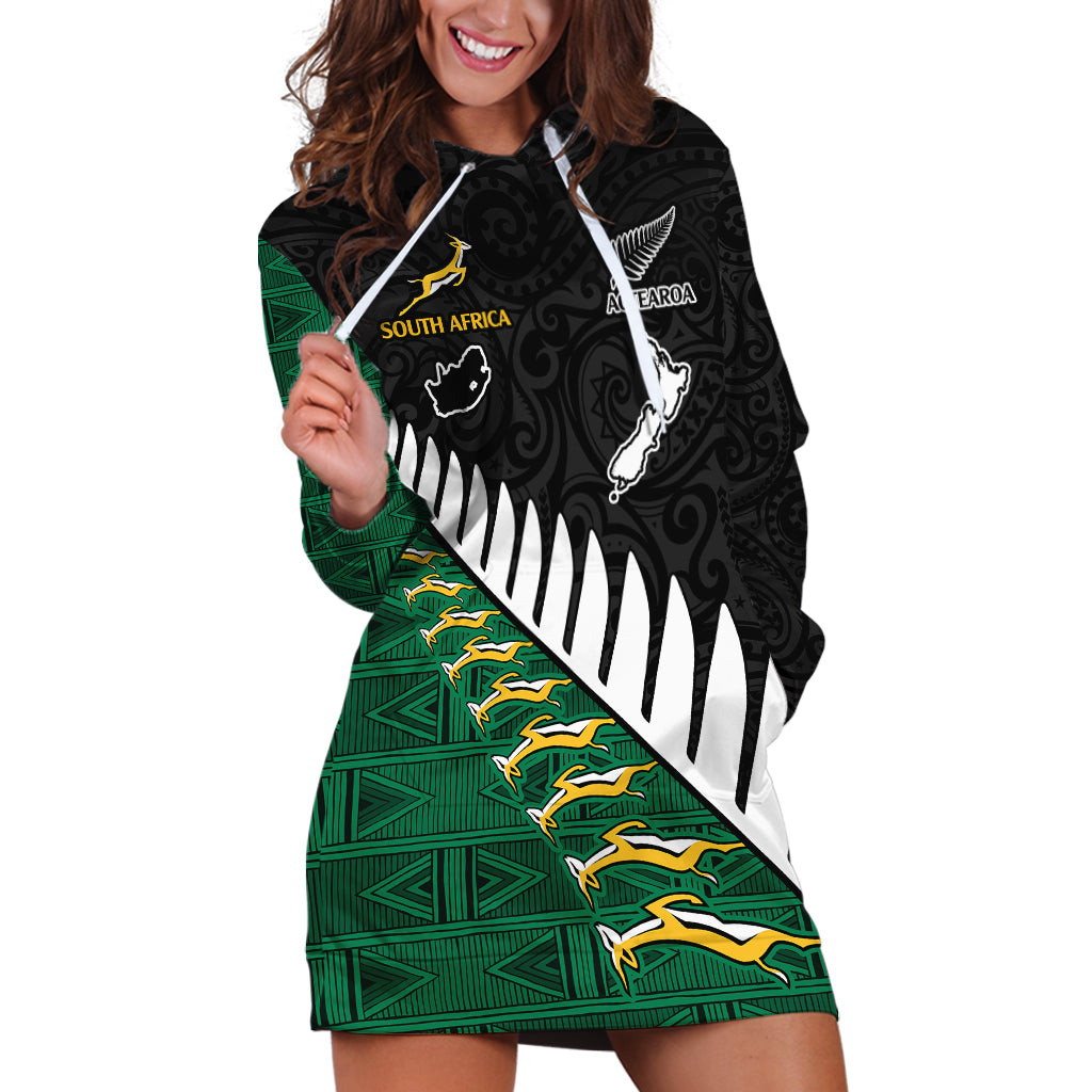 Custom South Africa and Aotearoa Rugby Hoodie Dress Springboks Black Fern Maori Vibe LT9 Black - Polynesian Pride