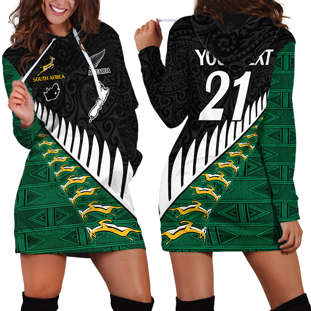 Custom South Africa and Aotearoa Rugby Hoodie Dress Springboks Black Fern Maori Vibe LT9 - Polynesian Pride