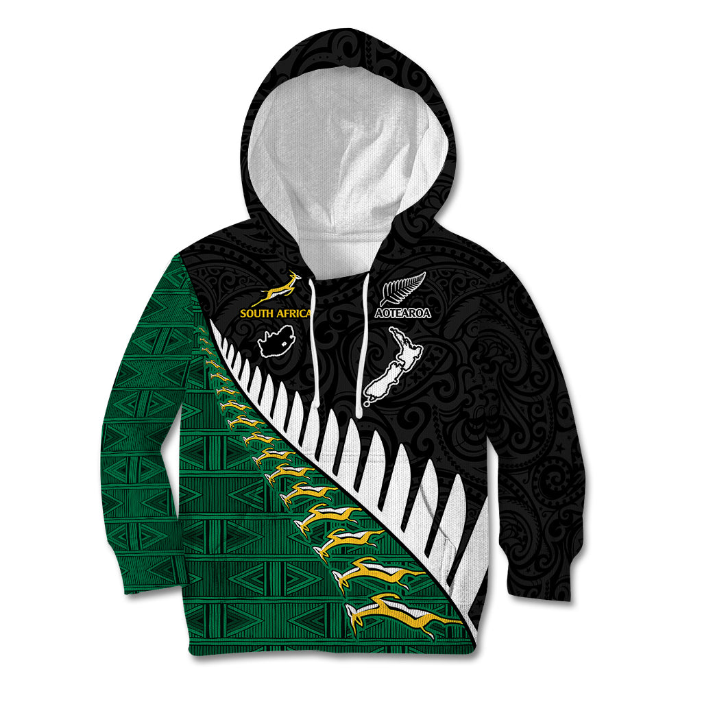 Custom South Africa and Aotearoa Rugby Kid Hoodie Springboks Black Fern Maori Vibe LT9 Black - Polynesian Pride