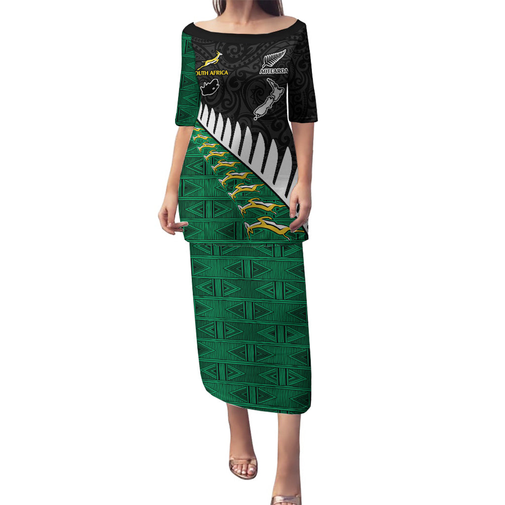 Custom South Africa and Aotearoa Rugby Puletasi Springboks Black Fern Maori Vibe LT9 Long Dress Black - Polynesian Pride