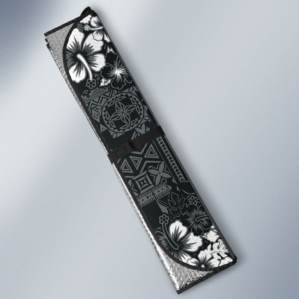 Black Hawaiian Tapa Tribal Hibiscus Auto Sun Shade